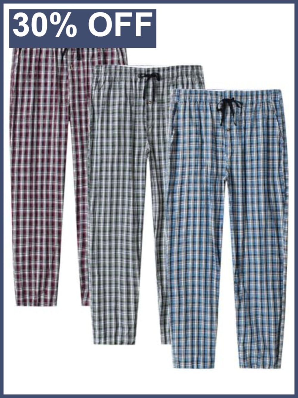 Cotton Plaid Pajama Pants 3 Pack Button Fly Pocket Lounge Sleep Bottom